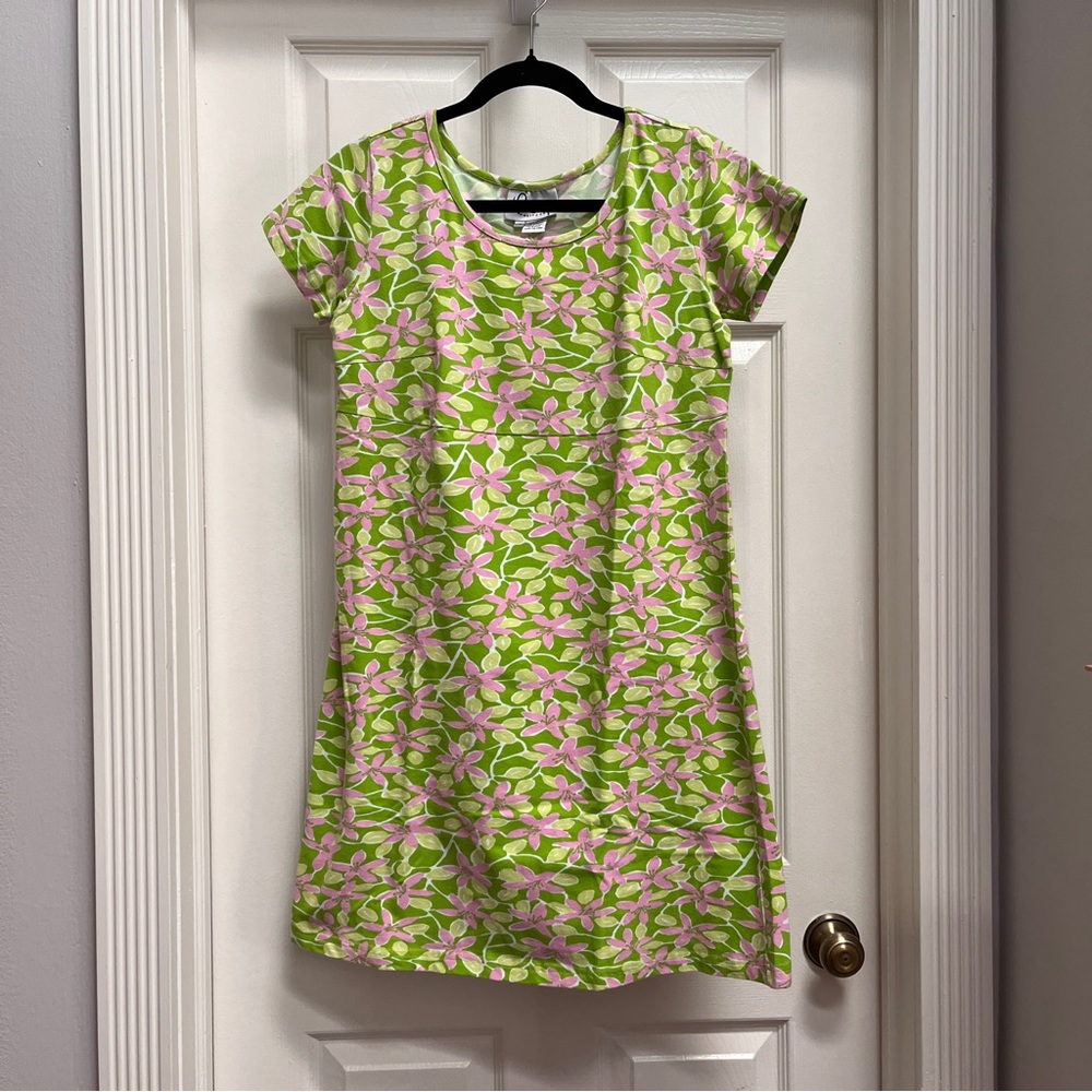 Lilly Pulitzer (Sz S) Cotton Empire Waist Dress Lime Green & Pink Floral